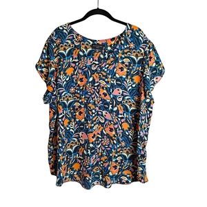 Premise Short Sleeve Floral V-neck button half placket pleated back Blouse 2X